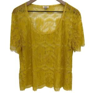 Fossil Yellow Lace Sheer Blouse Short Sleeve Top Size Small